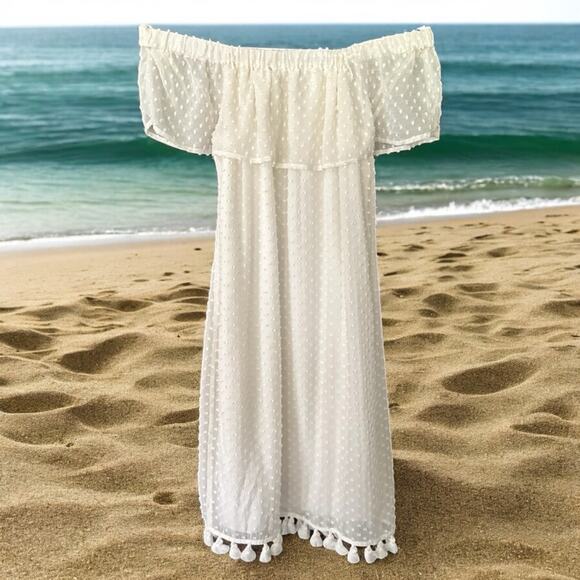 Sail to Sable NWT White Off the Shoulder Silk Swiss Dot Tassel Dress Size XS - Picture 6 of 7